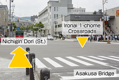 Image: Nichigin Dori (St.) as seen from Ironai 1-chome Crossroads in front of the Asakusa Bridge over the Otaru Canal. Take the left side of Nichigin Dori (St.)