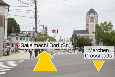 Image: Sakaimachi Dori (St.) as seen from Marchen Crossroads. Take the left side of Sakaimachi Dori (St.)