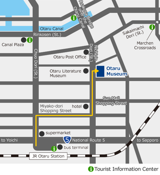 Image: guide map from JR Otaru Station to the Otaru Museum showing key landmarks