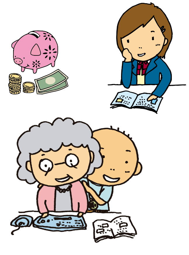 お金の勉強をする祖母と孫のイラスト