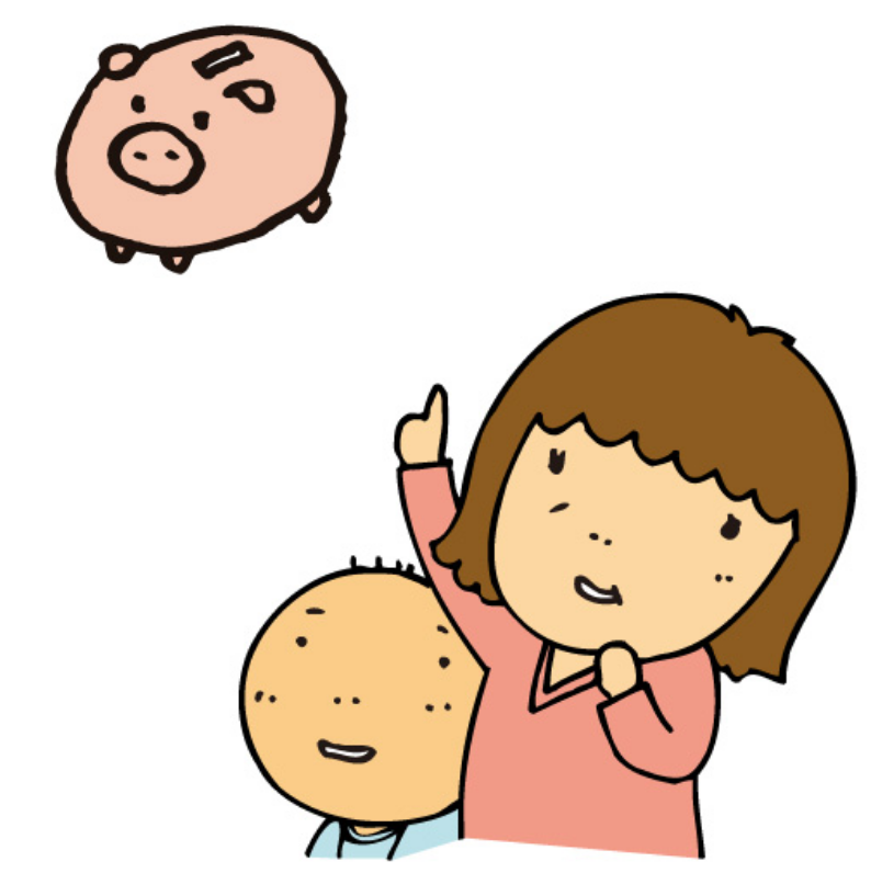 ぶたの貯金箱を指さす女性と子どものイラスト