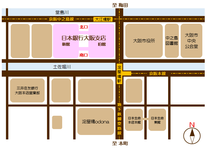 日本銀行大阪支店の地図　最寄駅は大江橋駅7番出口、淀屋橋駅6番出口。大阪市役所の向かいに立地。