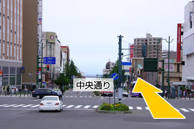 小樽駅から中央通りを小樽運河方面に撮影した写真で、小樽運河に向かって中央通りの右側歩道を歩くように指示しています