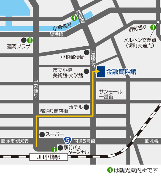 金融資料館までのアクセスを示した地図で、小樽市内の主要な建物等を地図に記載しています