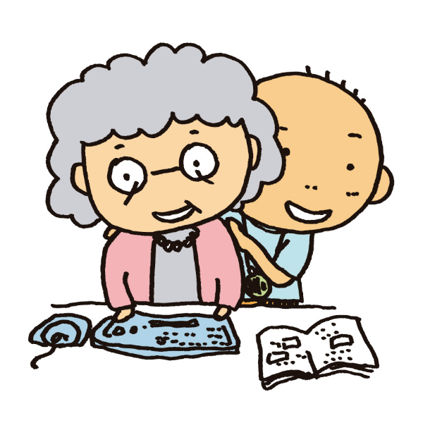 パソコンを使うおばあちゃんと孫のイラスト