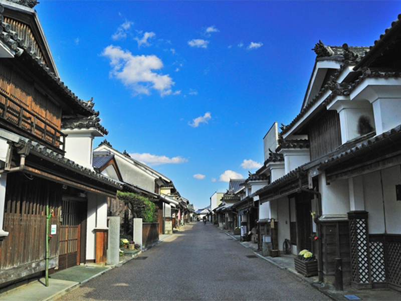 江戸時代のうだつのある家屋が立ち並ぶ、美馬市脇町の町並みの風景写真です。